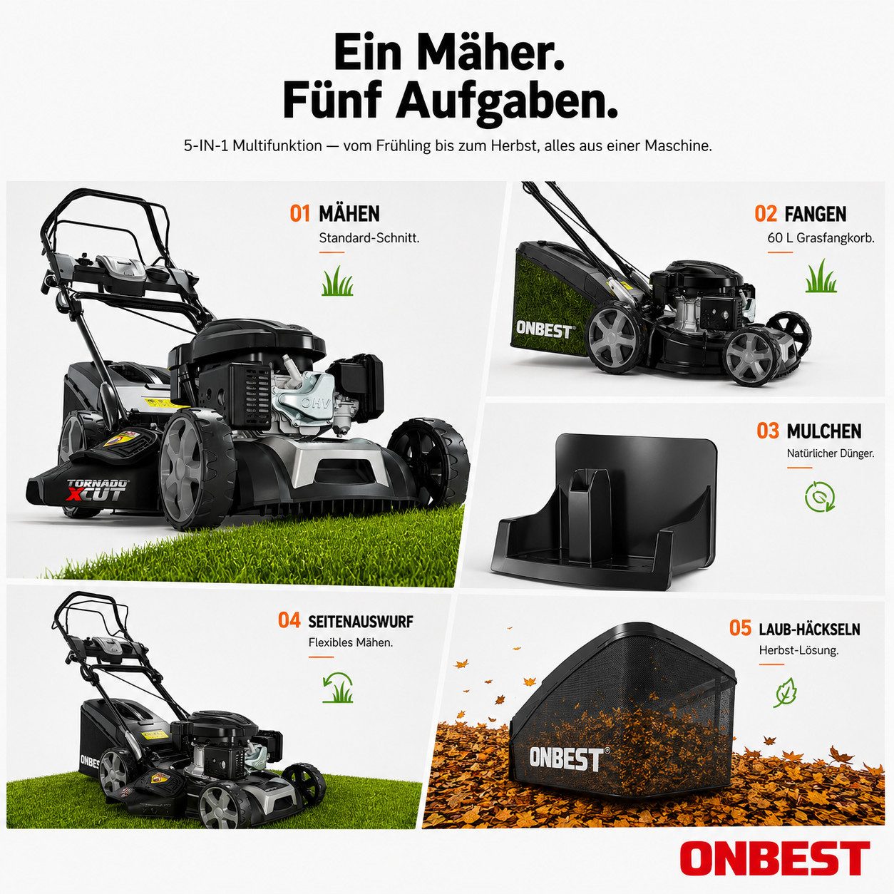 Onbest Benzinrasenmäher 5in1 mit Radantrieb Elektrostart Tornado X-Cut, 53.00 cm Schnittbreite, 6,5PS, Doppelmesser mit Sograd